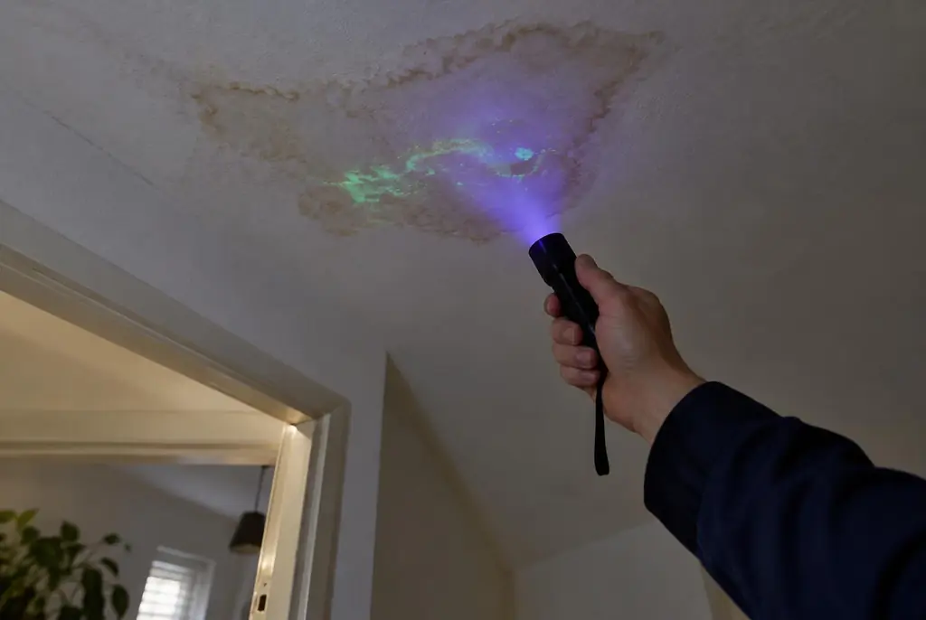 Lekdetectie Westbroek – kleurstof controleren op het plafond met uv-licht
