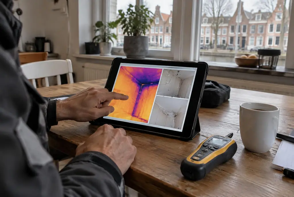 Lekdetectie Westbroek – lekdetectierapport met warmtebeelden en foto's op een tablet
