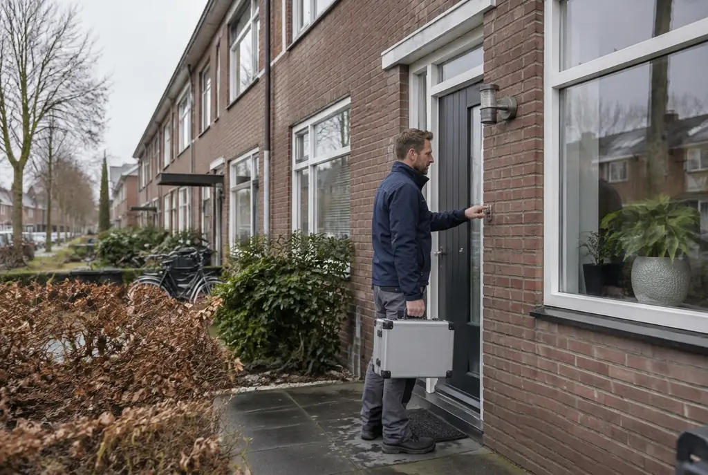 Lekdetectiespecialist met meetkoffer bij de voordeur van een woning in Westbroek