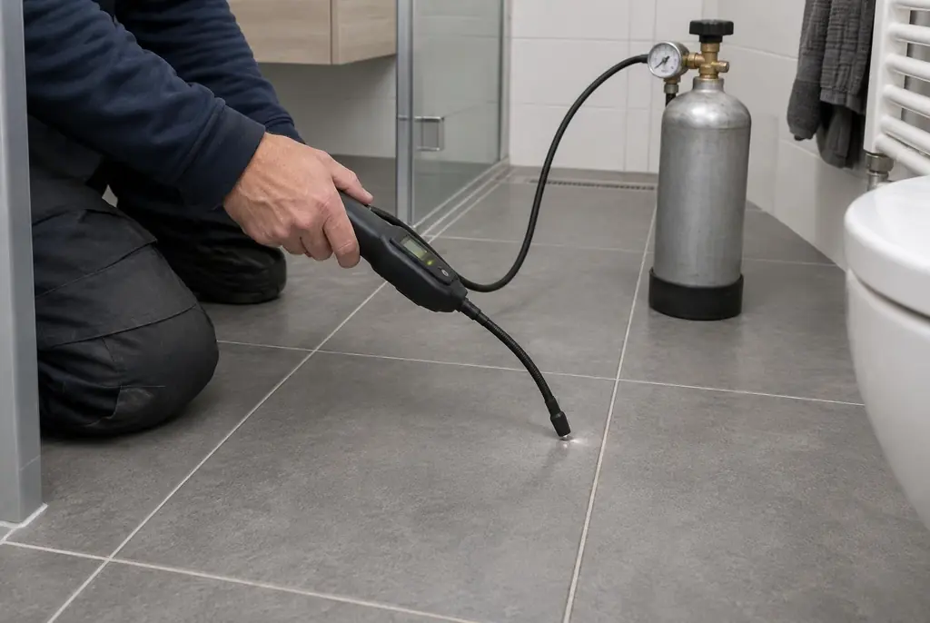 Lekdetectie Westbroek – technicus spoort met tracergas een lekkage op in de vloer